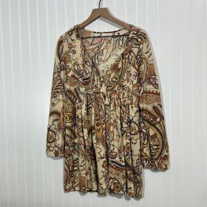 Melloday Boho Paisley Mini Dress XL Beige Multicolor Flowy Tunic 70s  Festival